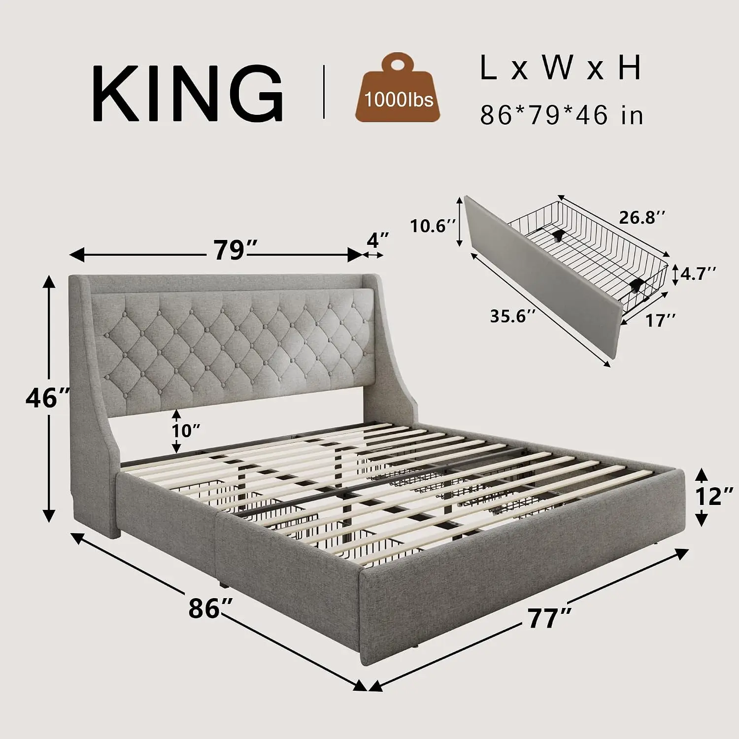 Upholstered King Bed Frame with 4 Drawers, Wingback Headboard, Charging Station, No Box Spring, Grey, Customized