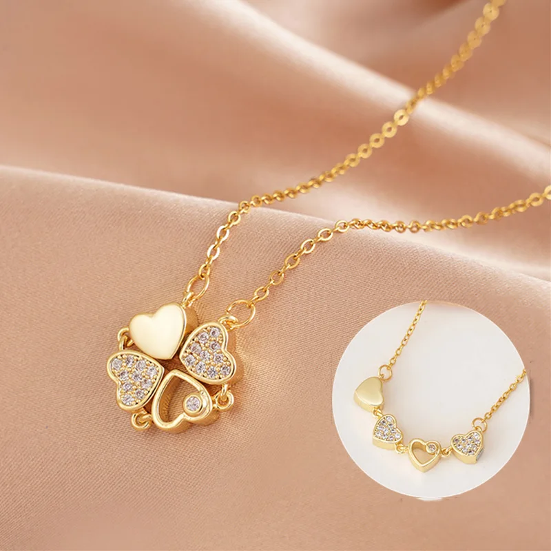 G&D Luxury Folding Four Leaf Clover Magnetic Vintage Heart-shaped Stainless Steel Chain Choker Jewelry for Women Gift