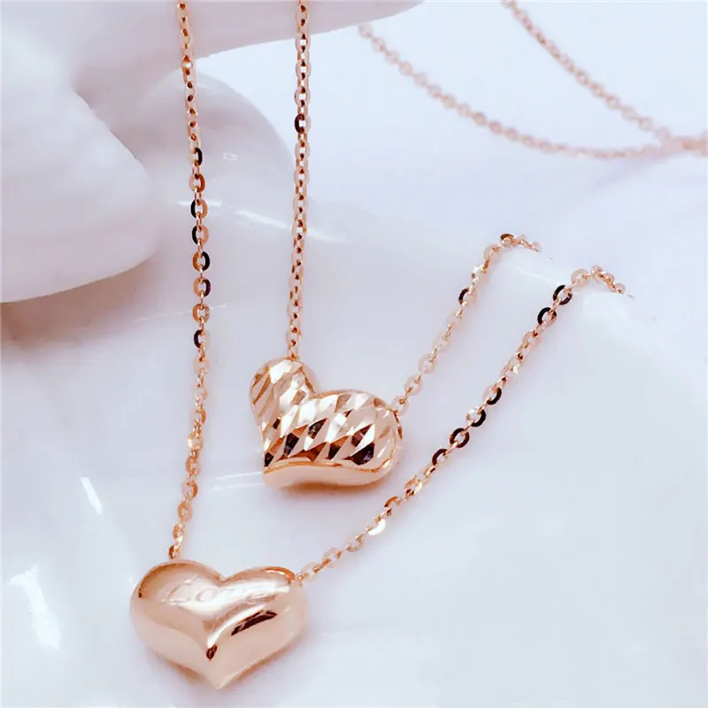 585 purple gold classic heart double-sided shiny necklace for woman pendant plated 14k rose gold exquisite wedding jewelry