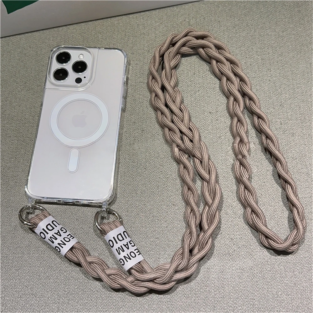 Braided Rope Magnetic Clear Phone Case For iPhone 15 14 13 12 11 Pro Max Plus For Magsafe Crossbody Lanyard Shockproof Cover