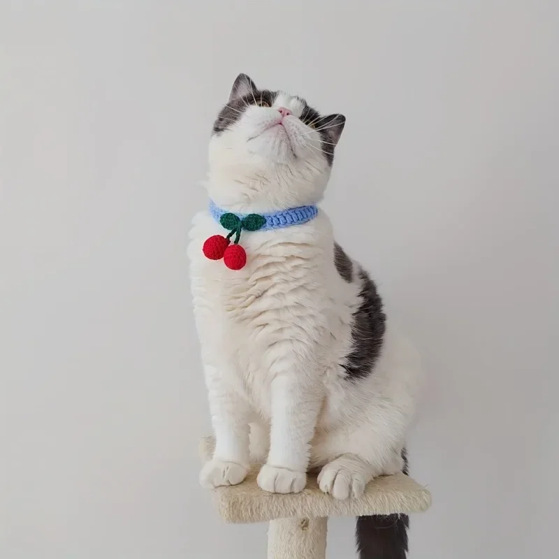 Pet Collar Handmade Knitted Cat Collar With Cherry Decor Cute Cat Necklace Cat Supplies ошейник для кошек  para gatos accesorios