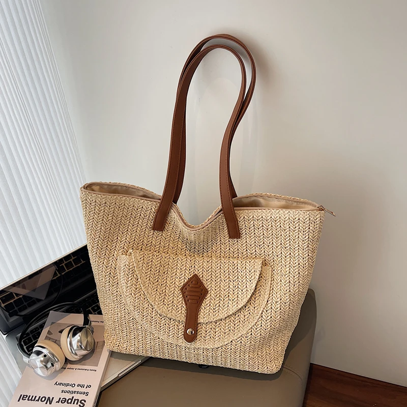 

Women's Woven Straw Tote Bag Leather Patchwork Decor Large Capacity Casual Daily Beach Vacation Shoulder Handbag 2026 Summer