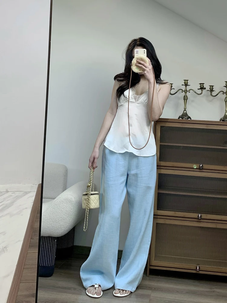 

Женские свободные повседневные летние синие льняные брюки с низкой талией и широкими штанинами Ucm Original, прямые брюки с высокой талией