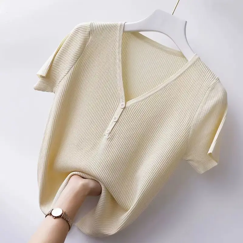 Simplicity Casual Summer Solid Ice Silk Women\'s Solid V-Neck Button Patchwork Fashion Short Sleeve Slim Knitting T-Shirts Tops