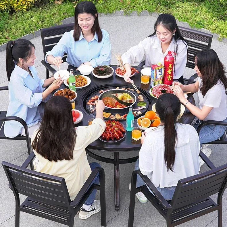 

Durable Modern Design Foldable 6-Seater Outdoor BBQ Grill Table Cast Aluminum Dining Table Chairs Park Courtyard Hotels Villas