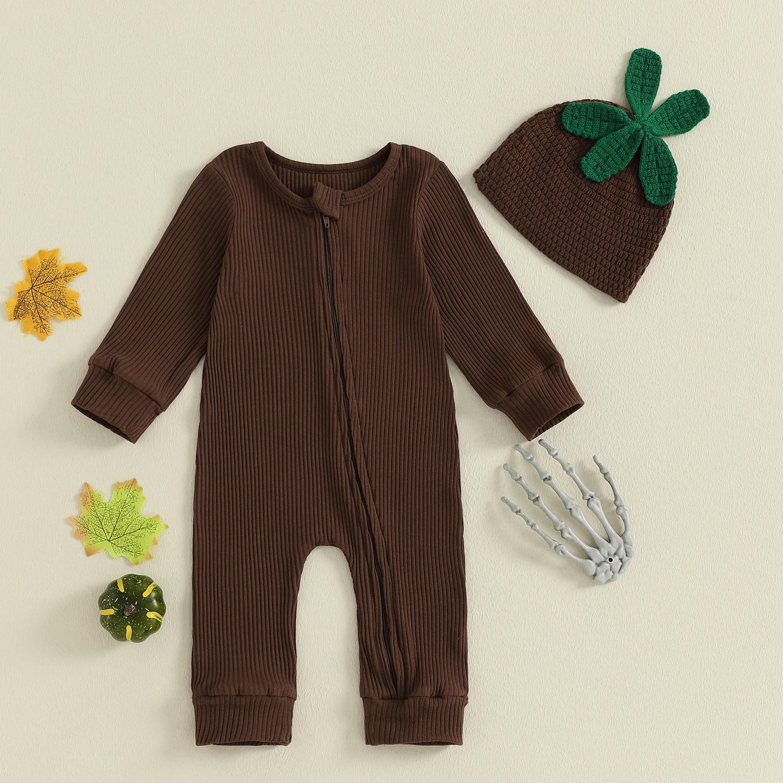 

VISgogo 0-12 Months Baby Boys Halloween Ribbed Jumpsuit Long Sleeve Crewneck Oblique Zipper Romper with Hat