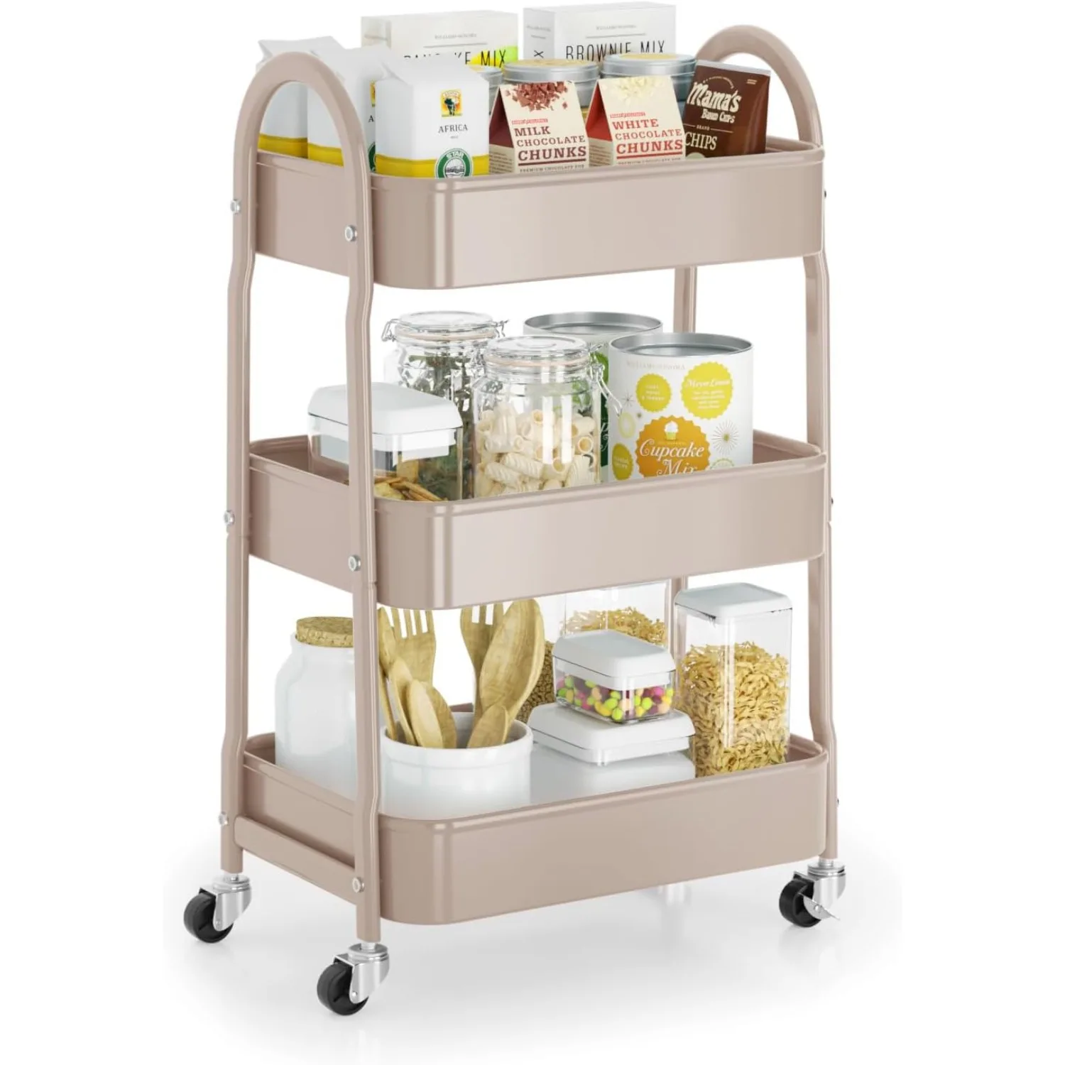 Carrello portaoggetti multifunzionale con cestini in rete per cucina, soggiorno, ufficio, garage (beige)