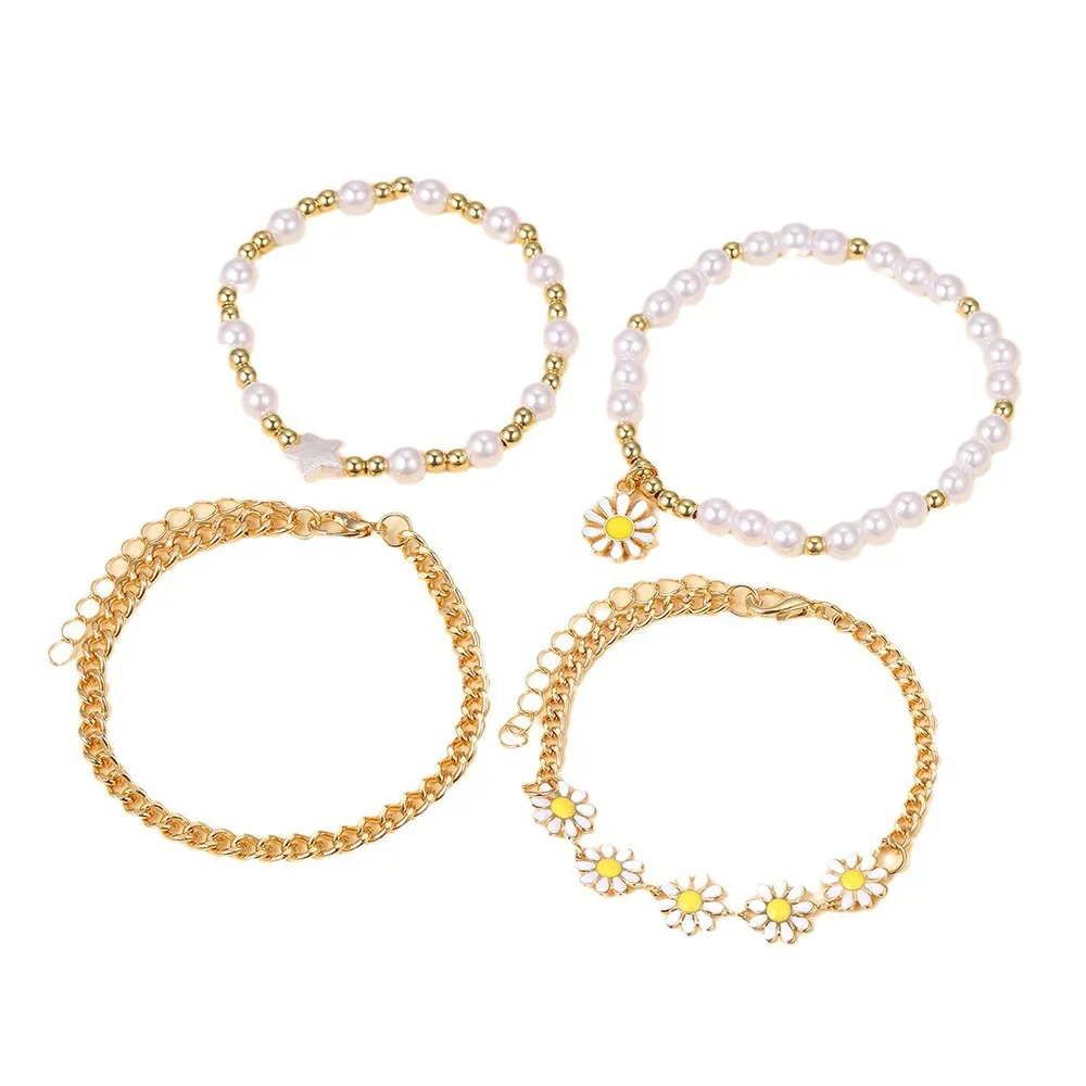 4pcs Vintage Small Daisy Flower Pendant Faux Pearl Bracelet Set for Women Bohemian Beaded Enamel  Hand String Jewelry Gifts