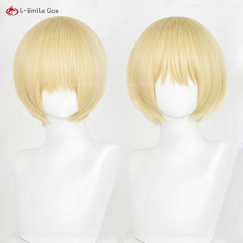 Anime Armin Arlert Cosplay Wig 30cm Light Golden BOBO Wig Armin Anime Wigs Heat Resistant Synthetic Hair Halloween Wig + Wig Cap