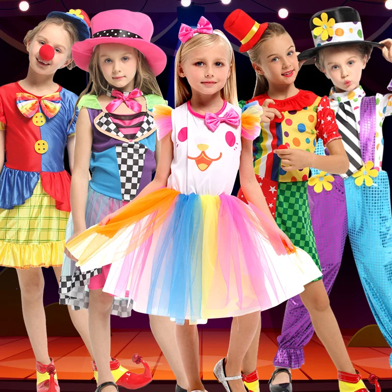 

Halloween Children's Clown Costume Girl Cosplay Costume Cake Dress for Birthday Celebration Parties No Shoes Wig Nose