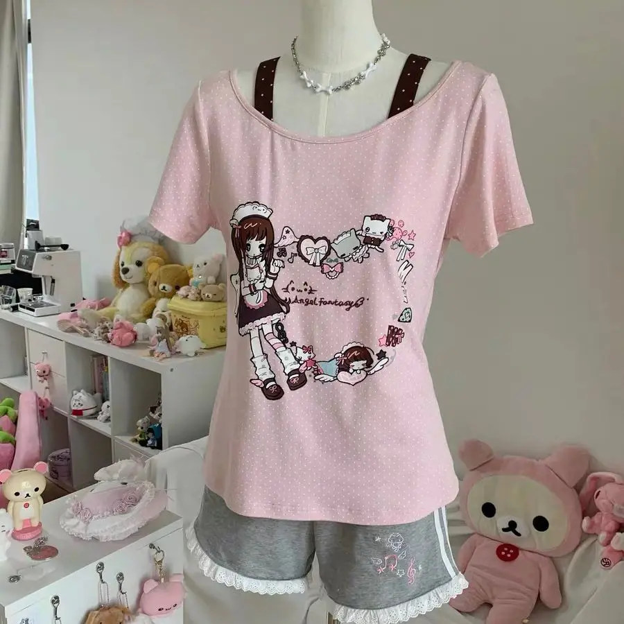 

Sweet Cool Y2K Short Sleeve Sweatshirt Jacket Women's Summer Cute Japanese Style Top Straight Leg Pants Skirt Set