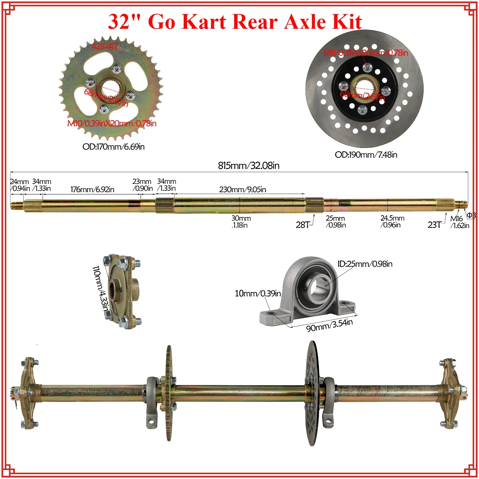 

TDPRO 32" Go Kart Rear Wheel Hub Axle Kit+ 428 Sprocket+ Disc Brake Rotor for ATV Quad go kart Mini Buggy for 8" 10" Tires