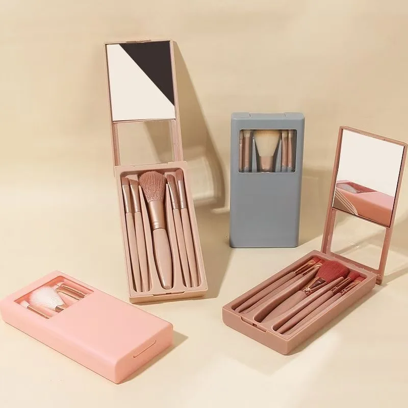 New 5pcs Travel Size Makeup Brushes Set Mini Makeup Brushes, Small Complete Function Cosmetic Brushes Kit With Case And Mirror