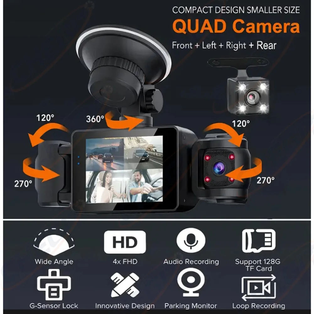 3/4 Lens Dashcam 1080P Video Recorder for Car DVR 360° Rotatable Black Box Night Vision Parking Monitor Car Assecories