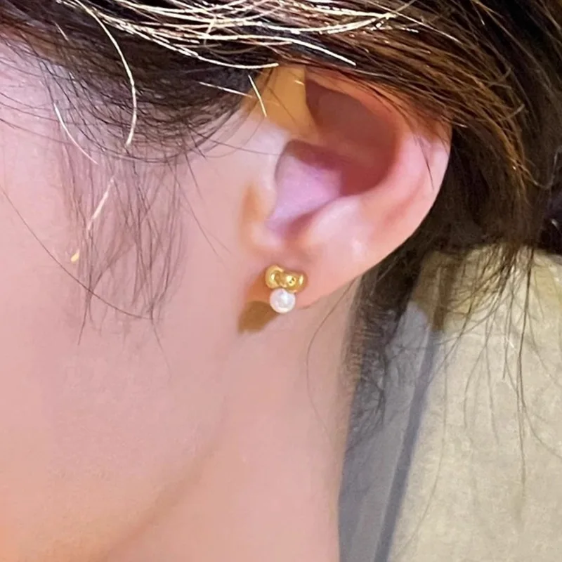 

925 Sterling Silver Delicate Golden Frosted Bow Round Pearl Stud Earrings for Women Fine Jewelry High Luxury Vintage Accessories