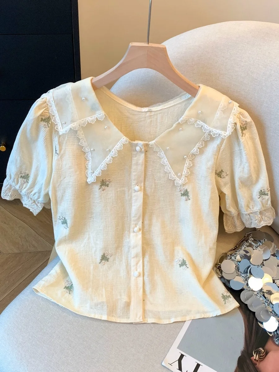 

Модная женская летняя повседневная тонкая блузка с вышивкой, кружевным воротником и рукавами-фонариками из полиэстера