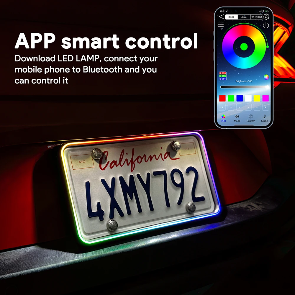 

Universal Car Rear License Plate LED Light APP RGB Multi-Color with Brake Warning Function Chrome Plated ABS Waterproof DC12V