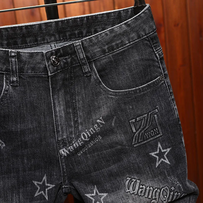 2025 summer thin denim shorts for men's fashion, light luxury printed design, elastic slimming trend, quarter pants