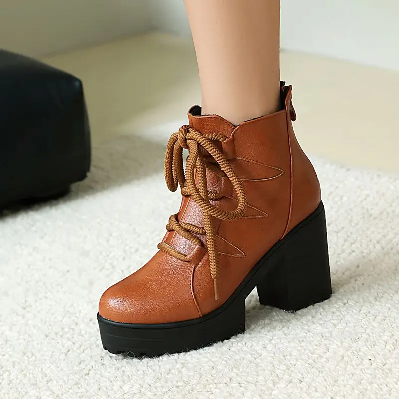 

ORCHA LISA Vintage Women's Ankle Boots Round Toe 9cm Thick Heels Platform Lace Up Brown Black Large Size 45 46 US15 Casual Bota