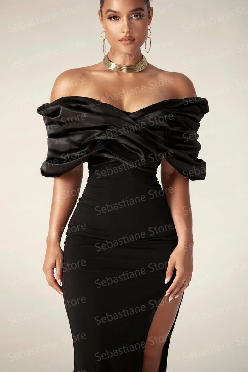 Black Simple Elegant Mermaid Evening Dresses Satin Pleated Off Shoulder Split Women Formal Prom Pageant Gowns Custom Made