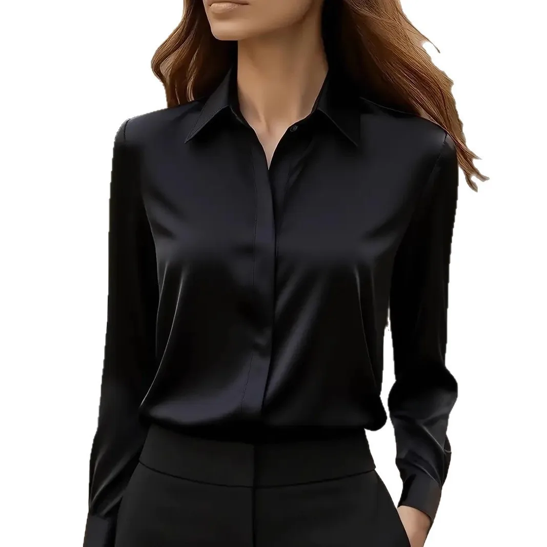 Camisa de manga larga de color sólido para mujer: blusa básica versátil, tops clásicos de oficina
