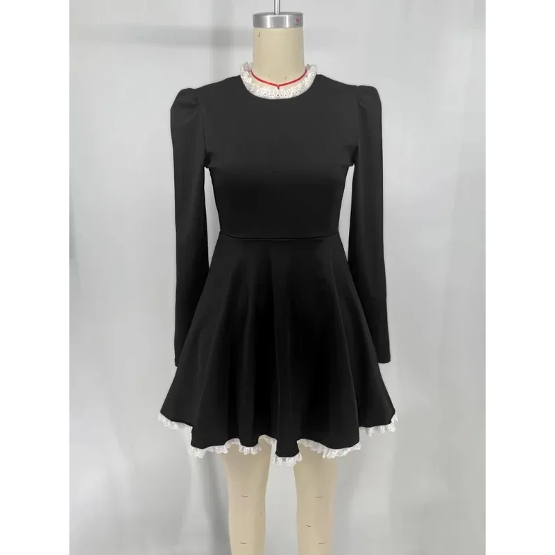 Jinia black lace mini dress for women fashion patchwork high waist elegant vintage dress summer patchwork party dress gown 2025