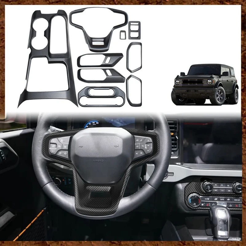 

For Ford Bronco 2021 2022 Interior Cover, Gear Shift Panel,Inner Door Handle Bowl,Steering Wheel Cover, ABS Carbon Fiber