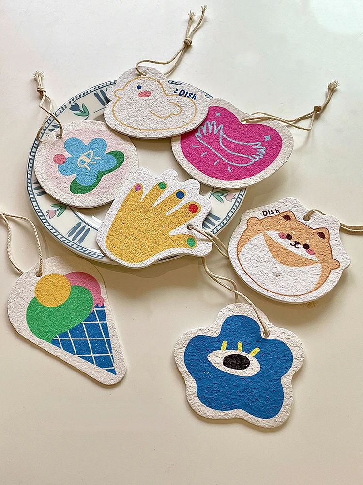 Non-stick Cartoon Wood Pulp Cotton Sponge Dish Cloth Compresse Magic Oil Multifunction Kitchen Rag Towel Roll Dishwashing Sponge