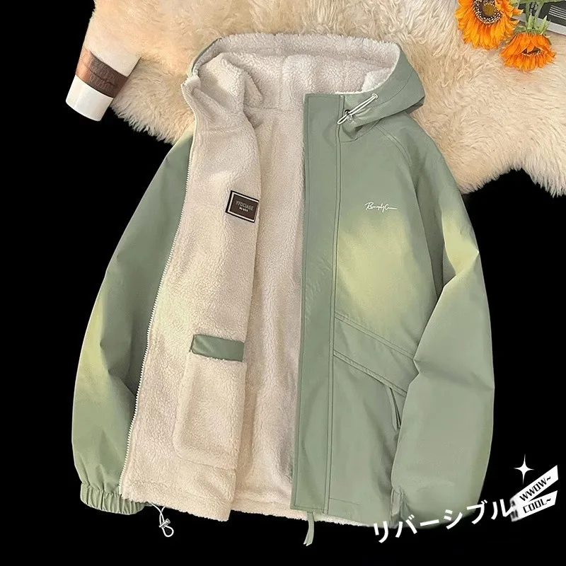 

Double-Sided Wear Thiened Cotton Jaet Men's Loose Fit Winter Coat Teenage Faion Urban Sle Hooded Casual Outerwear