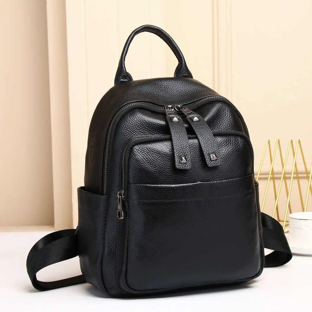 

Rivets Decorated Genuine Leather Backpack Casual Black Cow Leather Bagpack Anti-theft Ladies Travel Shoulder Bag