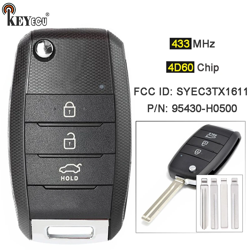 KEYECU 434MHz 4D60 Chip P/N: 95430-H0500 FCC ID: SYEC3TX1611 Upgraded Flip 3 Buttons Remote Key Fob for KIA Rio