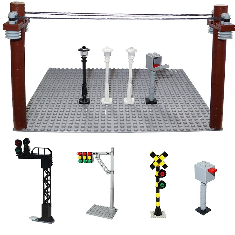 City MOC Accessories Traffic Signal Light Street Light Post Box Telephone Pole Block Lever Building Block Models DIY Brick Toys