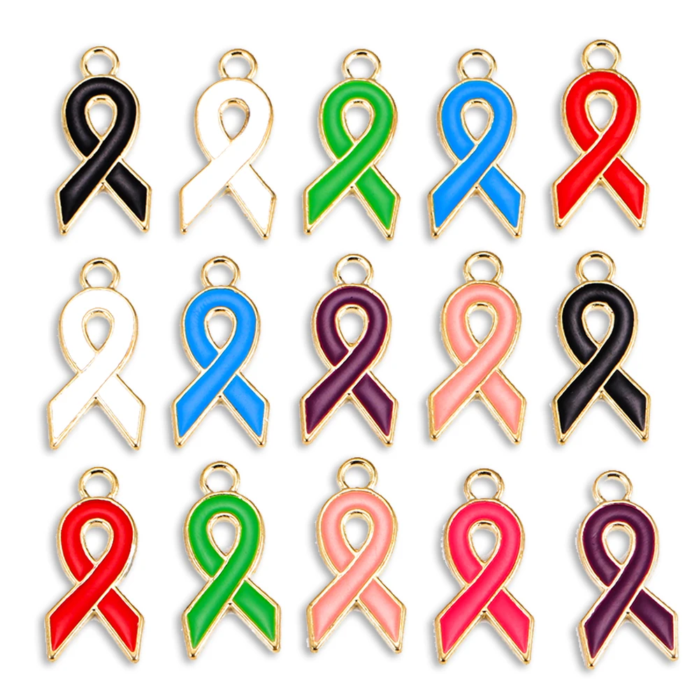 20pcs 20*10mm bunte Emaille rotes Band Brustkrebs Bewusstsein Legierung Anhänger Charme für Schmuck machen DIY Halskette Zubehör – Detail 1