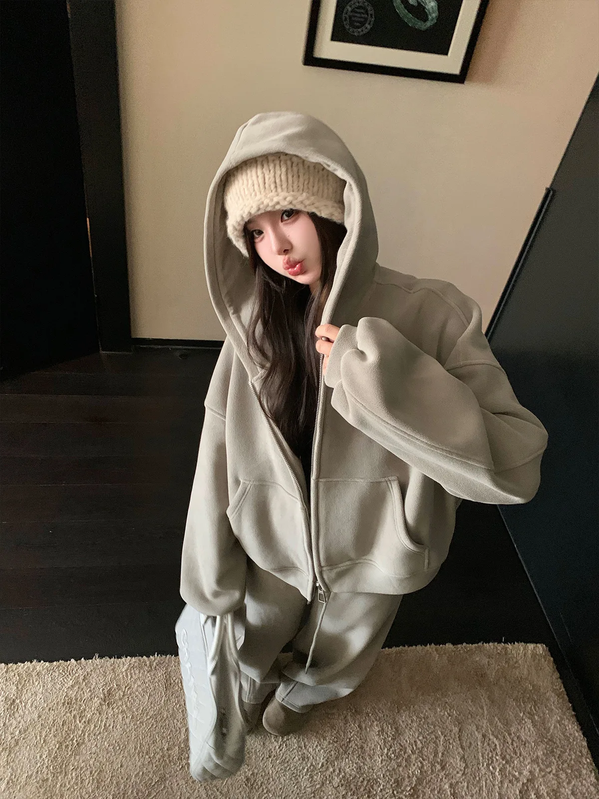 Korean Fashion Street Sportswear Set Women Autumn Winter Loose Hoodie Casual Zip Up Hoodies and Pants Two Piece Y2k Streetwear
