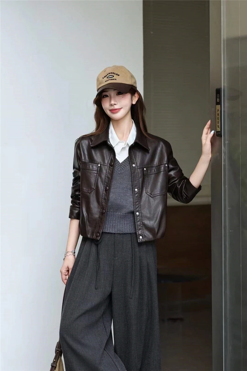 Black Short Faux PU Leather Jacket Big Pocket Lapel Single-Breasted Long Sleeve Autumn New Women Imitation Leather Biker Jacket