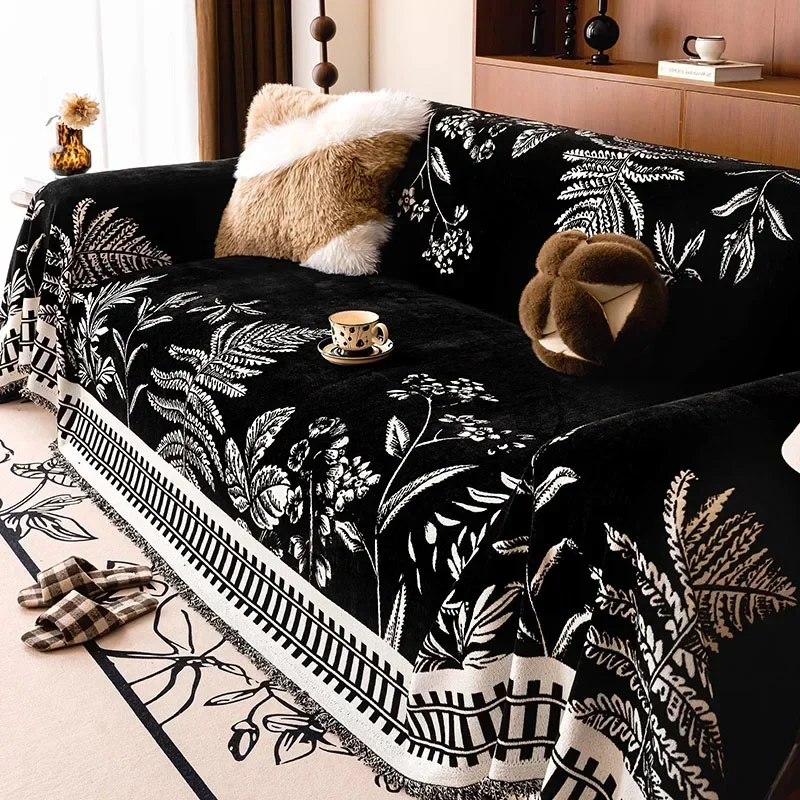 Chinese Classical Printed Chenille Sofa Cover Rural Plants and Flowers Couch Towel with Tassels Soft Anti Cat Scratch Dust Cover