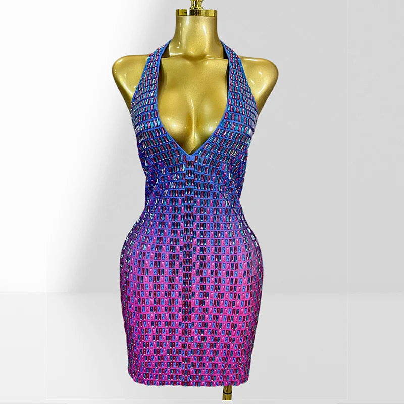 Luxury Colorful Diamond Sexy Halter V-Neck Bodycon Purple Short Dress Fashion Woman Birthday Party Dress Performance Costumeg