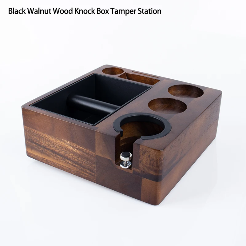 Black Walnut Wood Espresso Portafilter Holder Coffee Tamper Distributor Leveler Station Stainless Steel Coffee Grounds Knock Box