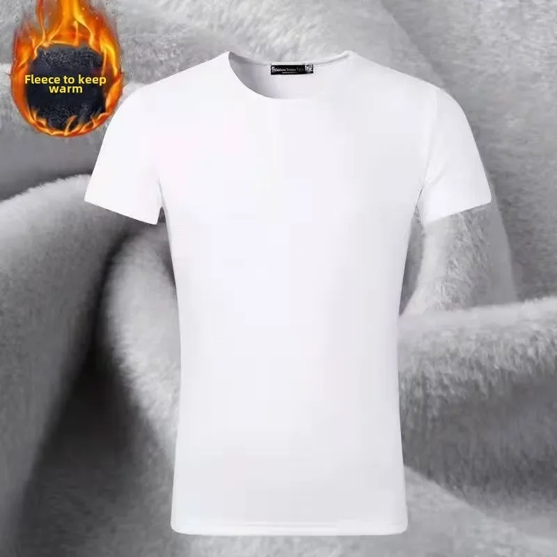 Velvet Thickening short Sleeve Men T-Shirt O-neck Soft Warm Bottoming Shirt Warm Clothes Fleece-lined Slim Underwear Bottom