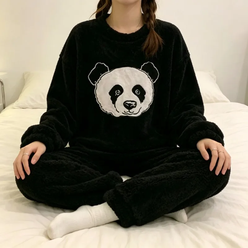 Pajamas Set Autumn Winter Thick Warm Cute Panda Print 2 Piece Sleepwear Casual Soft Sweet Cute Home Clothes Nightwear Vintage