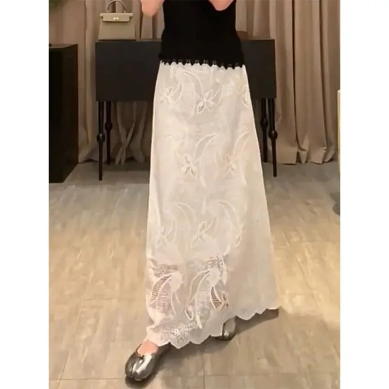 French Fashion Elegant White Lace Skirt Women 2026 New Summer High Waist Slimming A-line Long Skirt for Woman