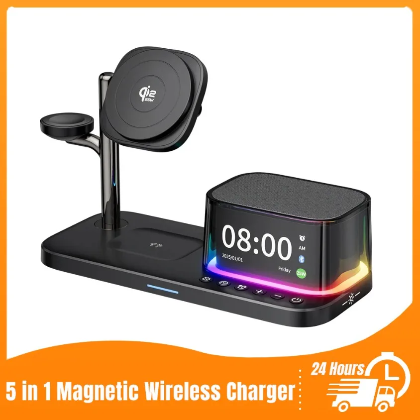 

Qi2.2 25 Вт 5 в 1 Магнитная подставка для беспроводного зарядного устройства Bluetooth-динамик для iPhone 17-12 Pro Apple watch 2-9 SE Airpods Быстрая зарядка