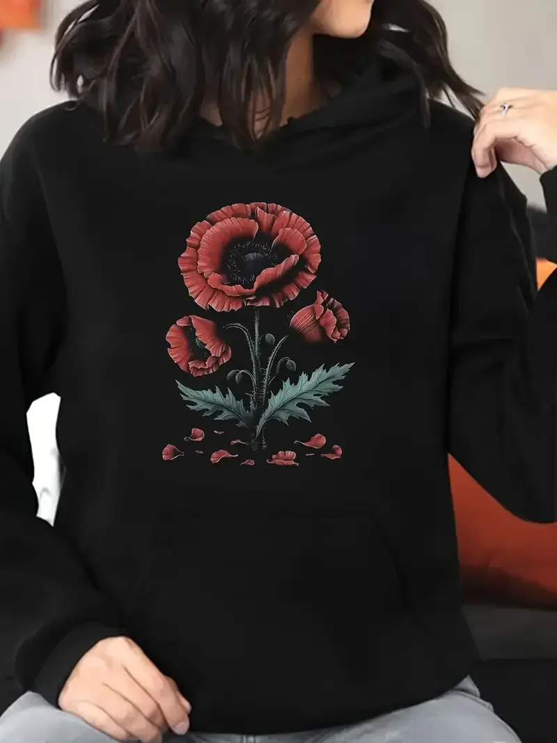 

Ярко-красная толстовка с принтом цветов мака, большие размеры, женская повседневная толстовка с карманами для повседневной носки, 550 г K Pop Demon Hunter