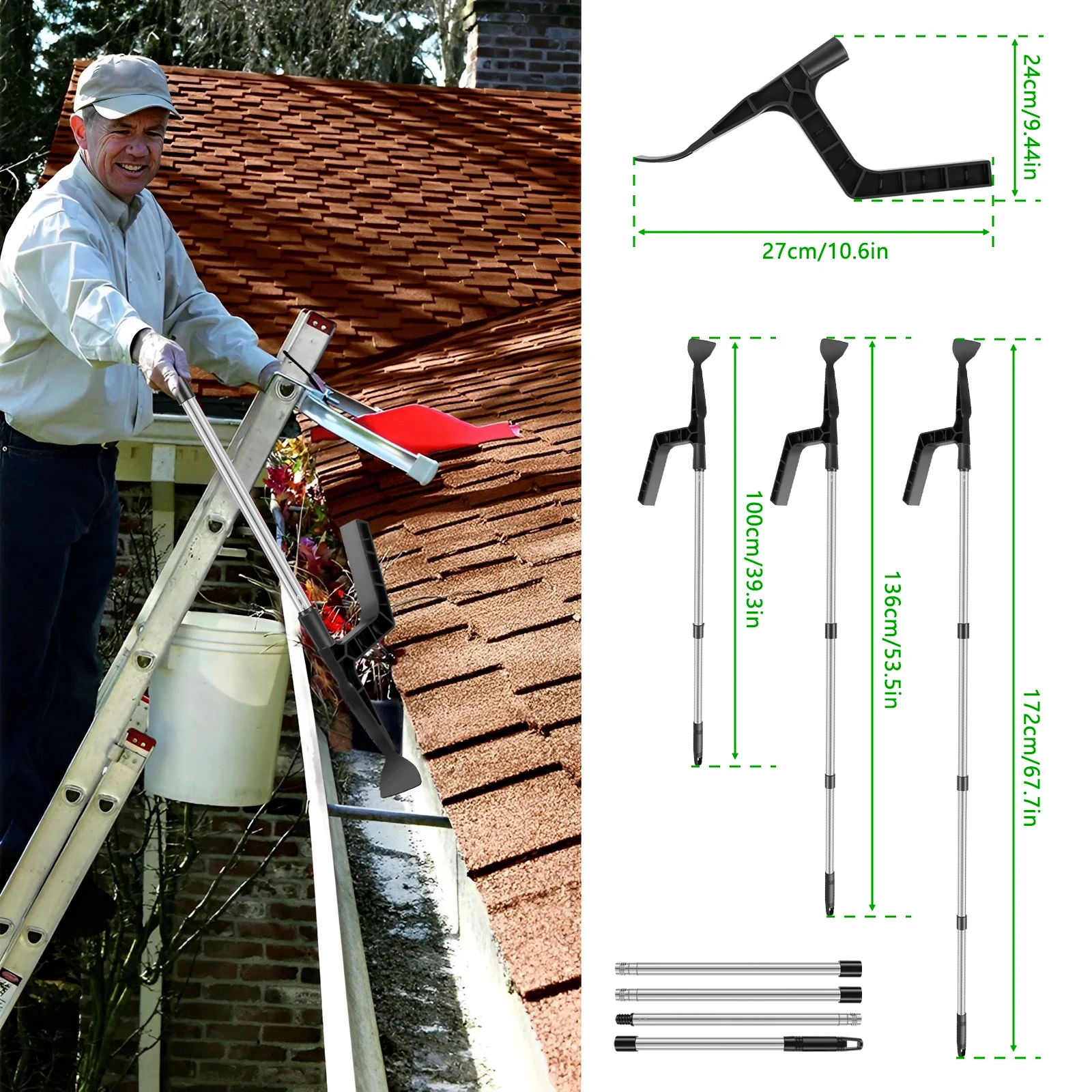 Gutter Cleaning Tool with 70.8in Splicing Pole Handle Portable Gutter Cleaning Brush Leaf Roofing Detachable Guard