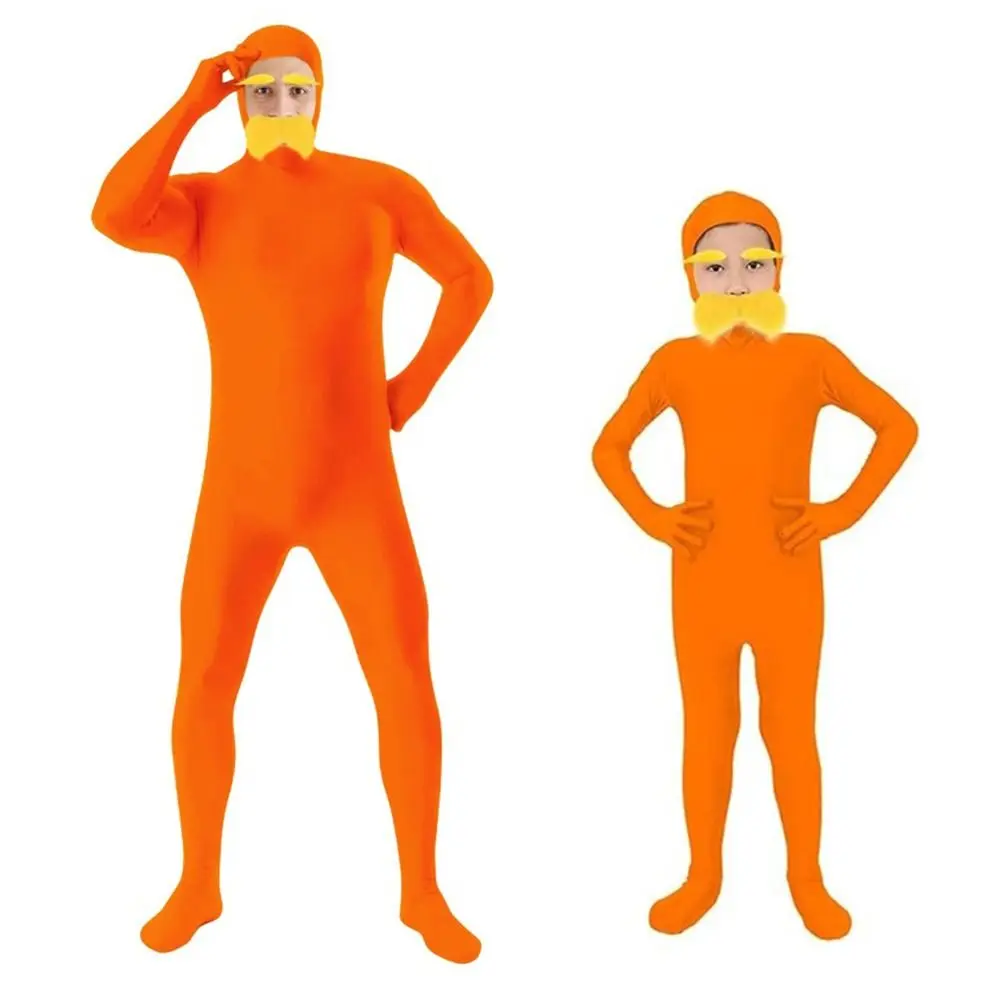 Spandex Ganzkörper Unsichtbarer Morph-Anzug Orange-Gelb mit Schnurrbart und Augenbrauen Halloween-Kostüm Lässiger Einfarbiger Jumpsuit