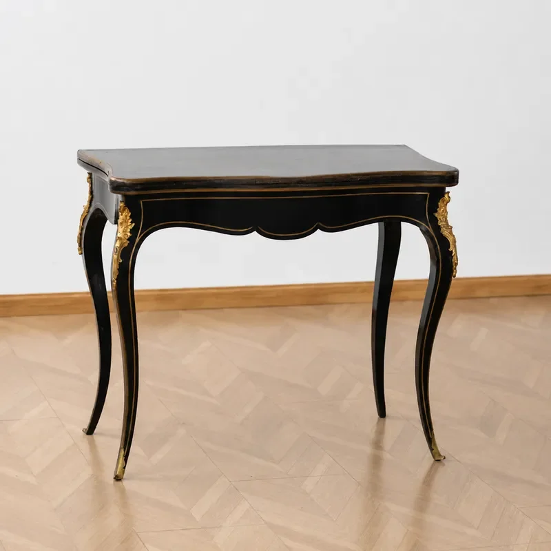 American Solid Wood Black Retro Small Coffee Table Classical Carved Edge Sofa Side Table Gold Accent Piece for Villa Corner