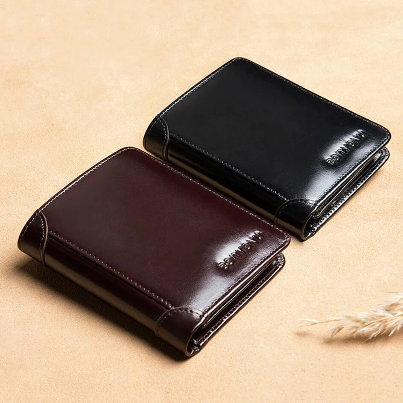 Vintage Genuine Leather Mens Wallet Luxury Slim Trifold Bifold RFID Card Holder original Leather Coin Purse Small Wallet for Men