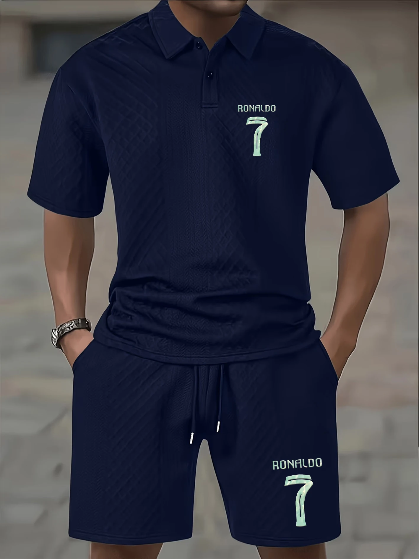

Men's Waffle Knit Polo Set, Ronaldo No.7 Print, Breathable Textured Fabric, Slim Fit, Two-button Placket, Versatile for Casua