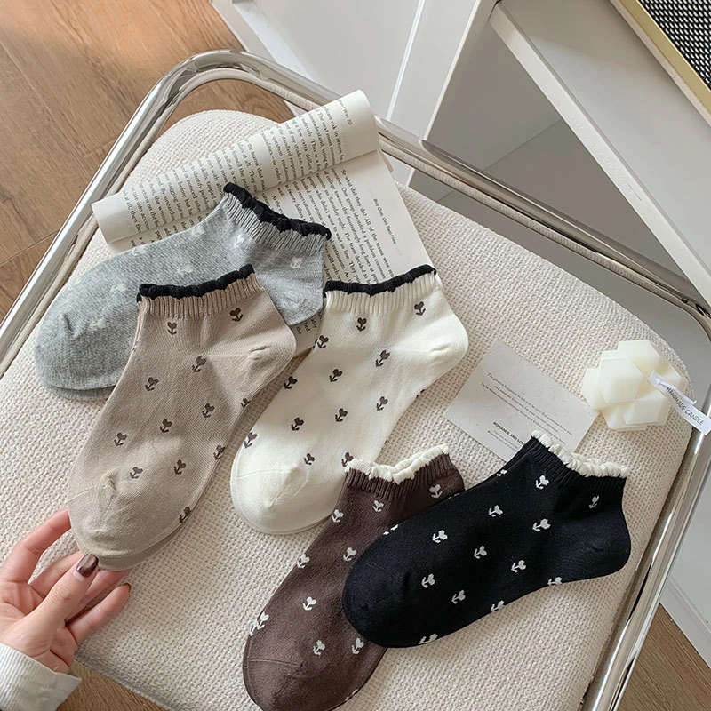 5 Pairs New Flower Socks Women's Fashion Korean Style Cute Women Socks Casual Frilly Kawaii Trends Ankle Socks Short Comfortable