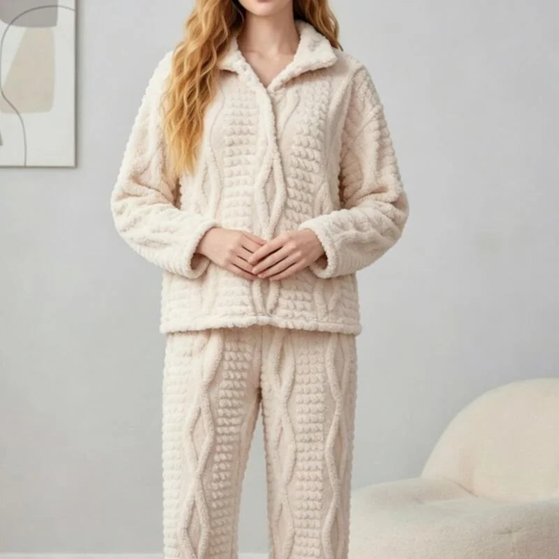 Women Textured Fleece Lapel Pajama Set 2Pcs Warm Shirt&pants Nightwear Pjs Long Sleeve Daily Casual Home Clothes Loungewear